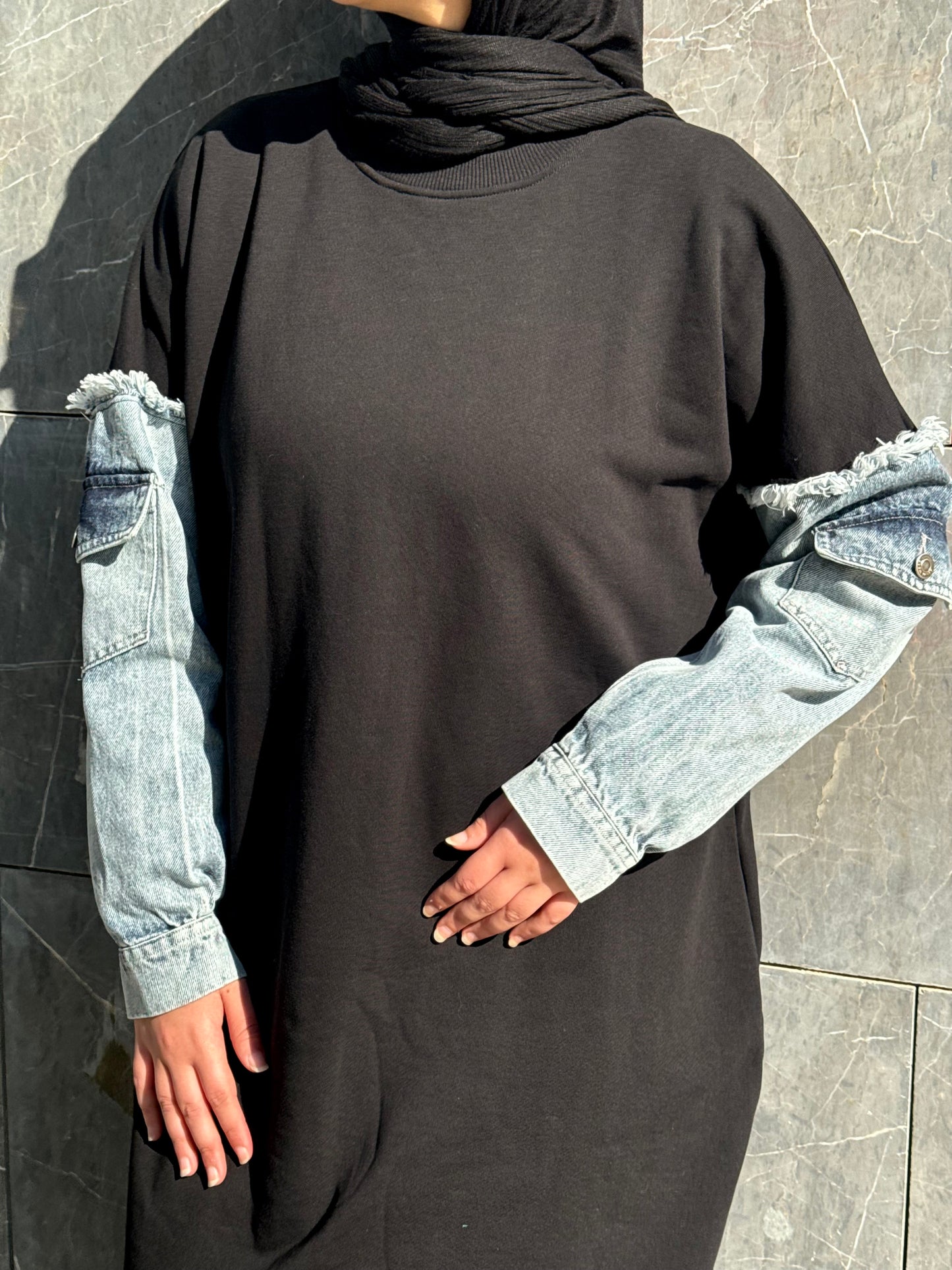 Hoodie Abaya Denim Sleeves