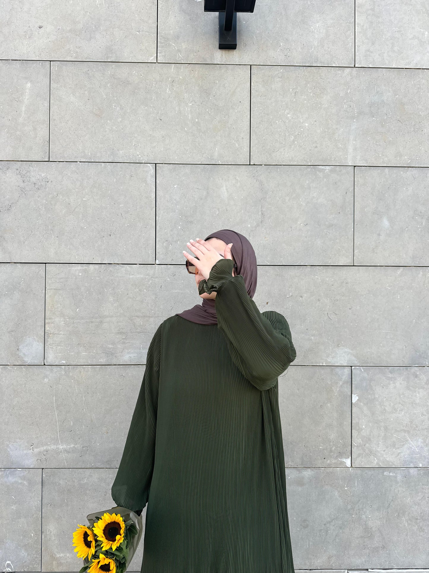 Fully Pleated Dress in Olive