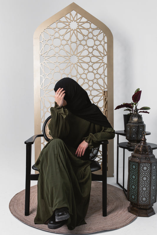 Fully Pleated Dress in Olive