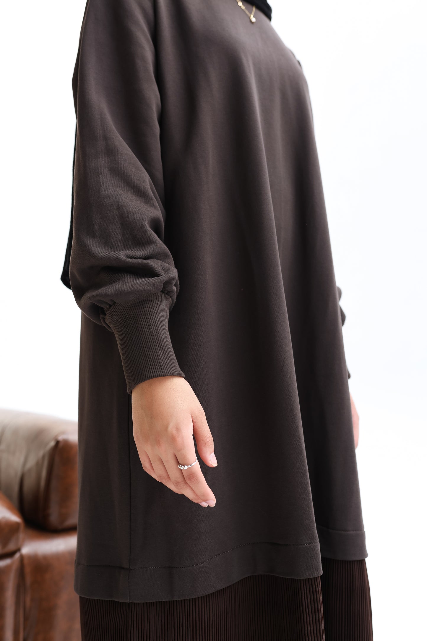 The Pleated Hoodie Dress in Brown