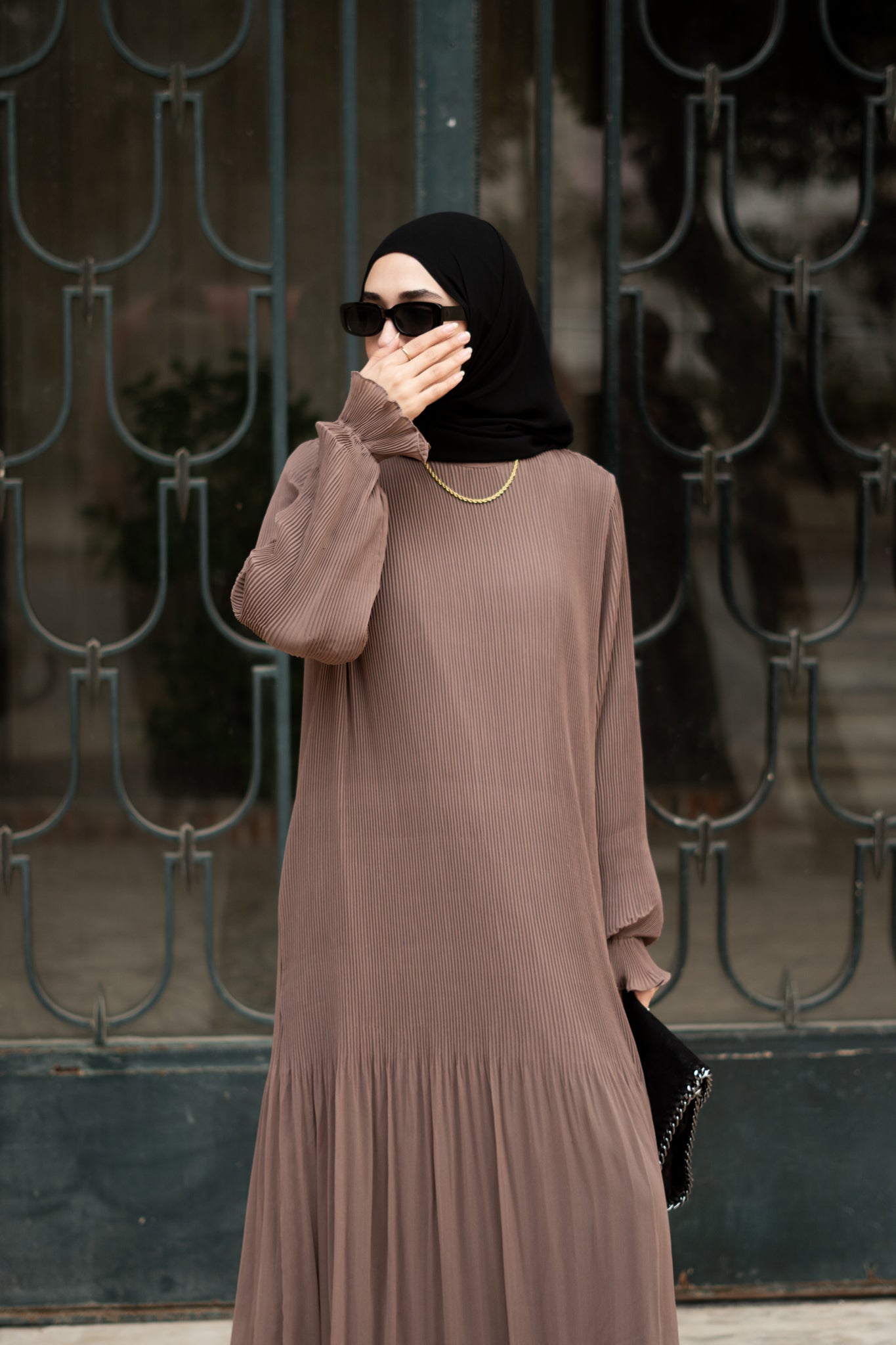 Fully pleated dress in Cafe