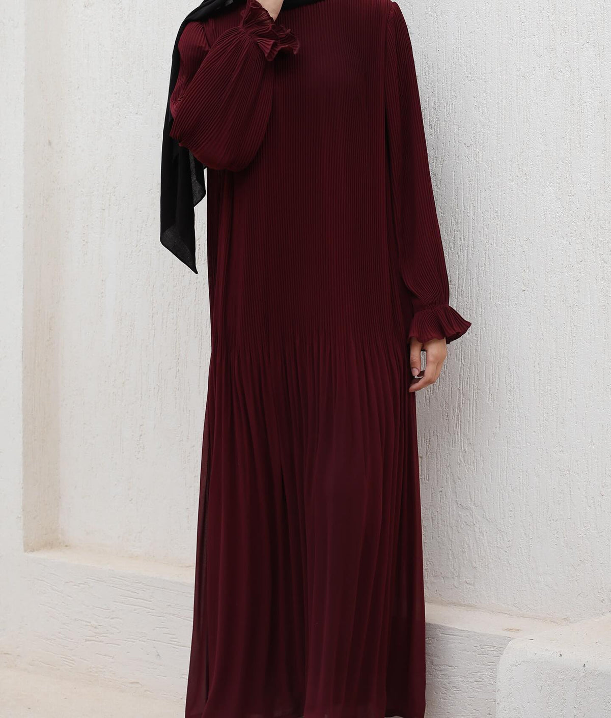 Fully Pleated Dress in Burgundy