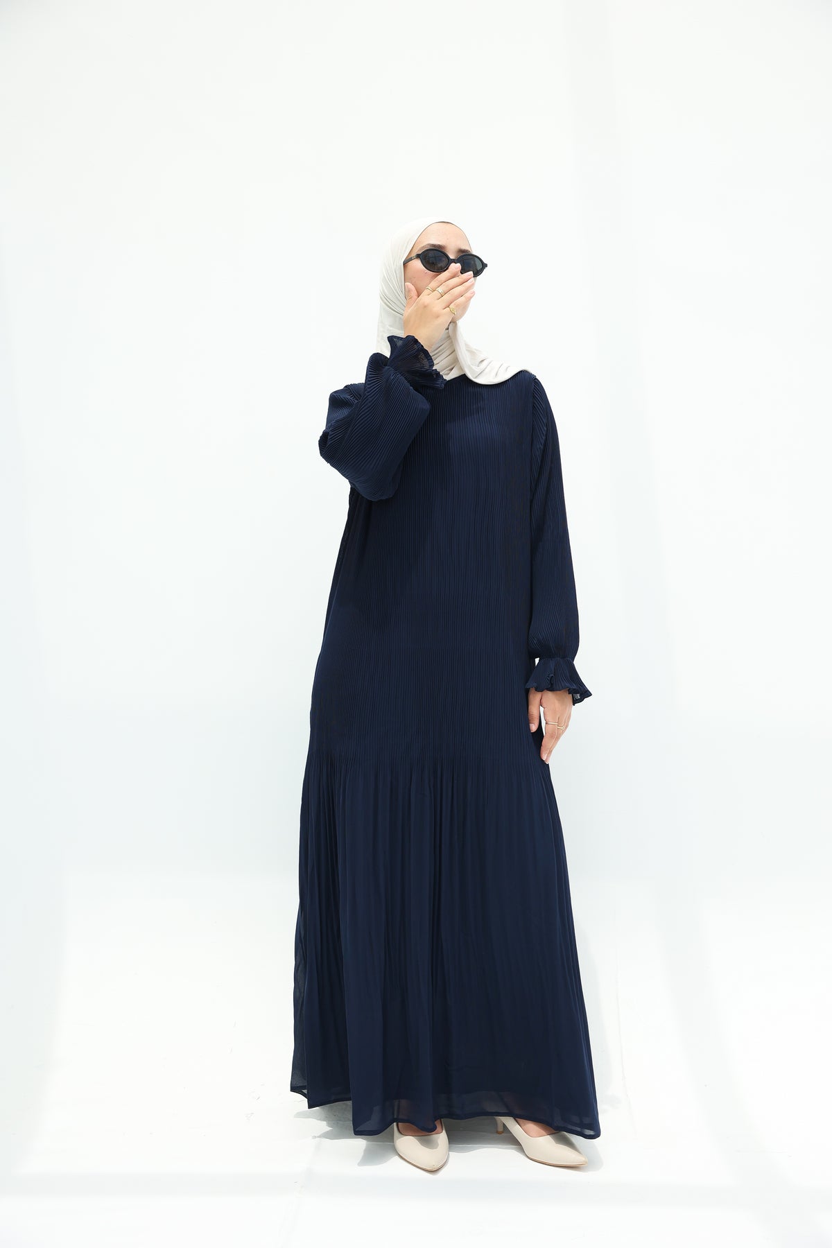Fully Pleated Dress in Navy
