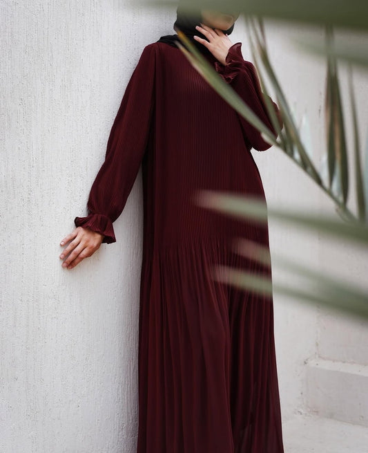 Fully Pleated Dress in Burgundy