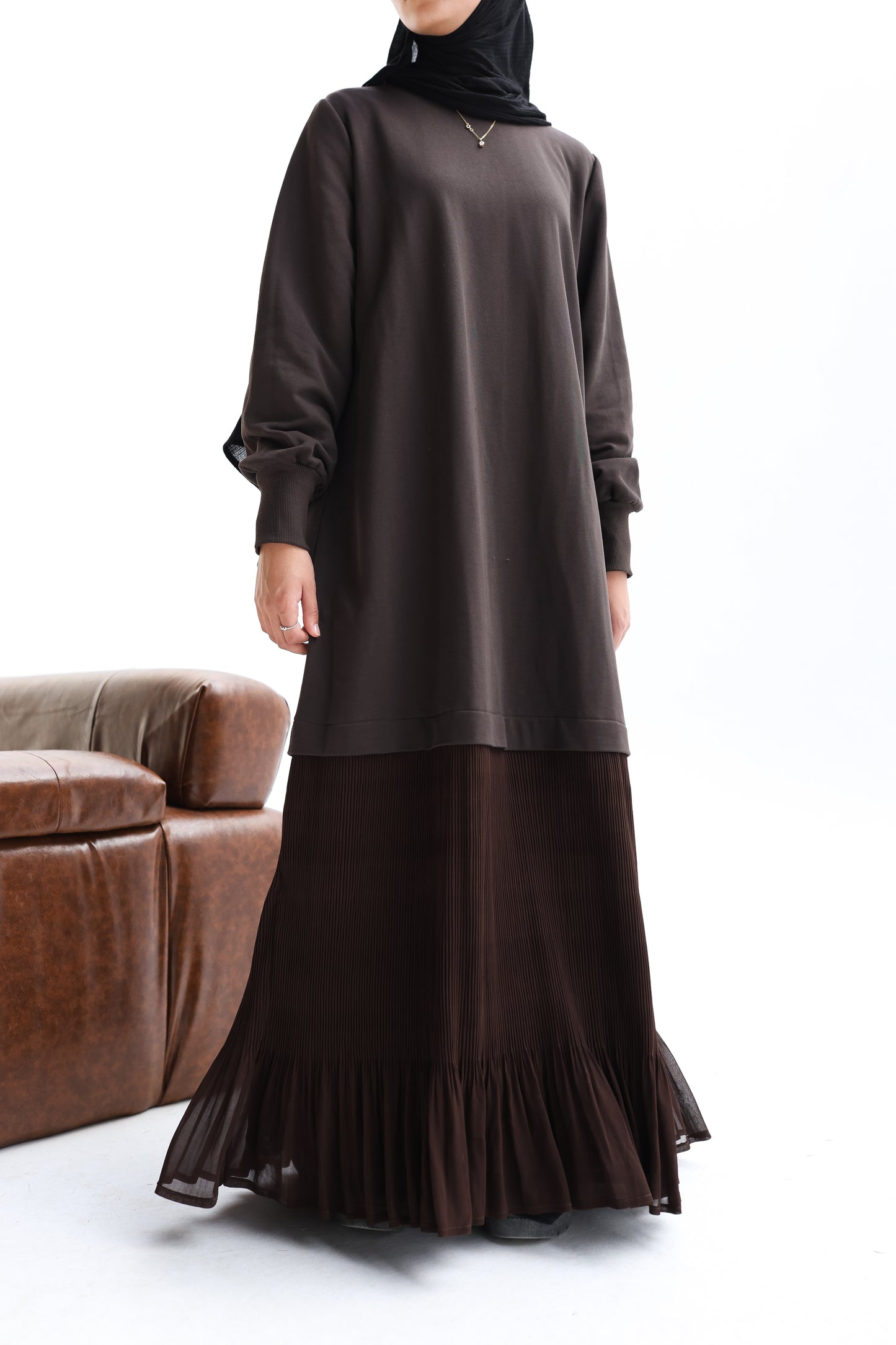 The Pleated Hoodie Dress in Brown