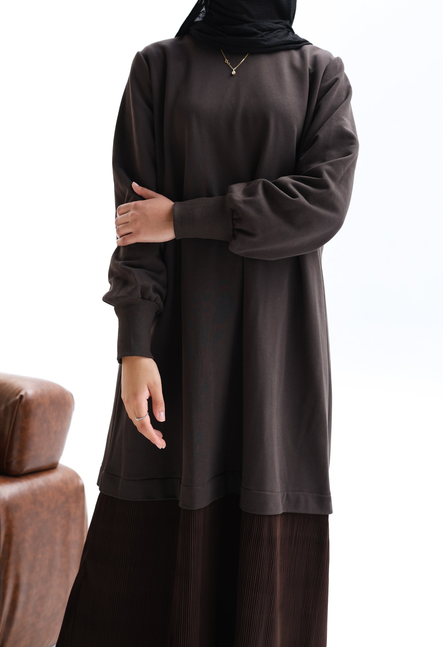 The Pleated Hoodie Dress in Brown