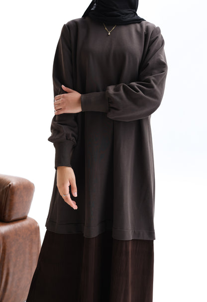 The Pleated Hoodie Dress in Brown