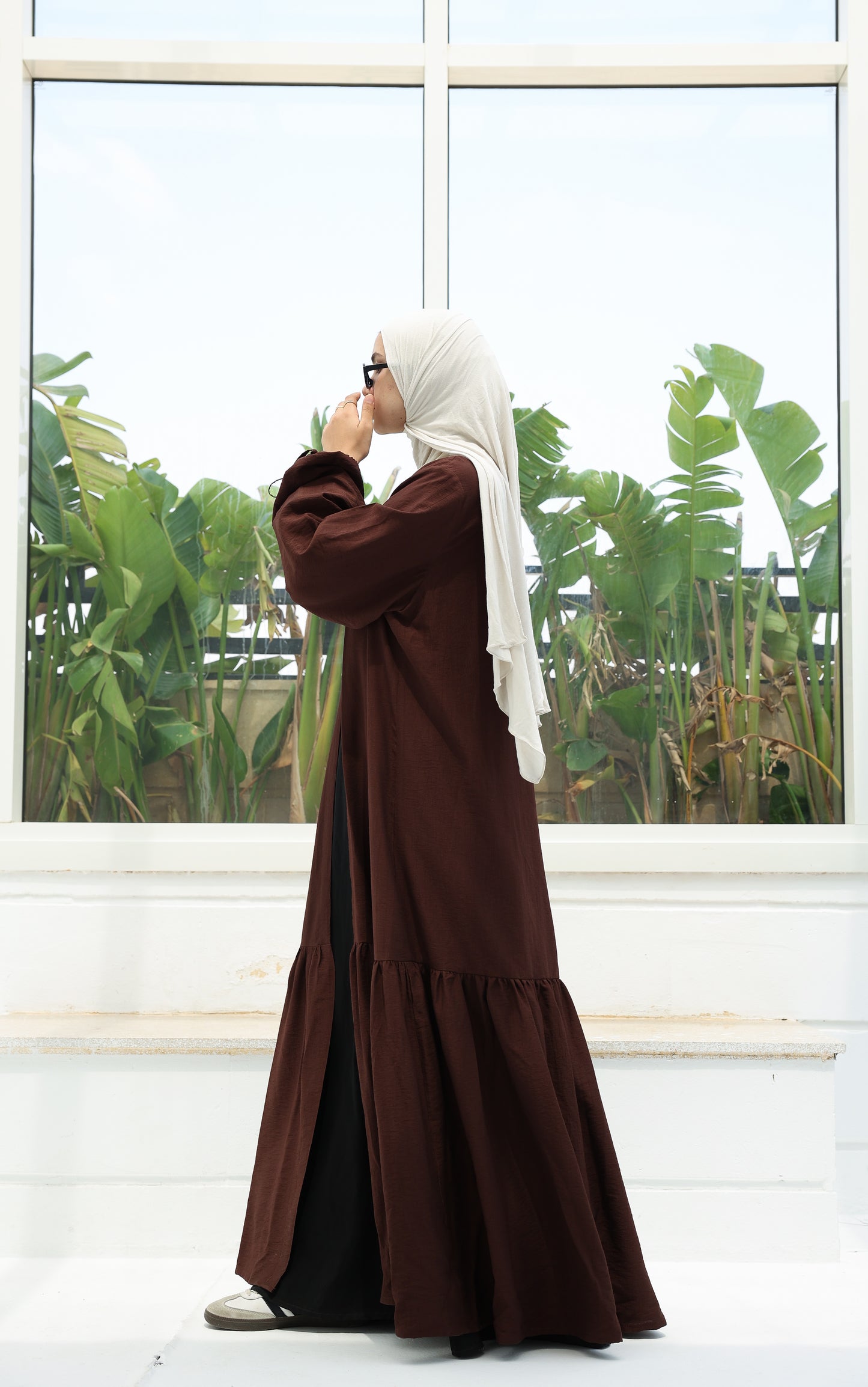 The Ruffled Cardigan in Brown