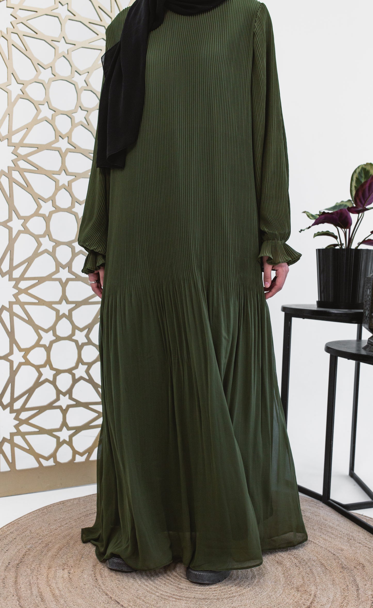 Fully Pleated Dress in Olive