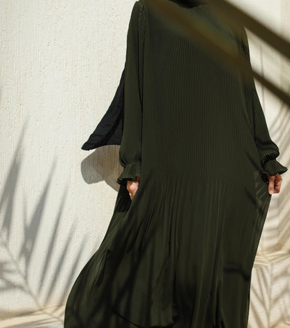Fully Pleated Dress in Olive