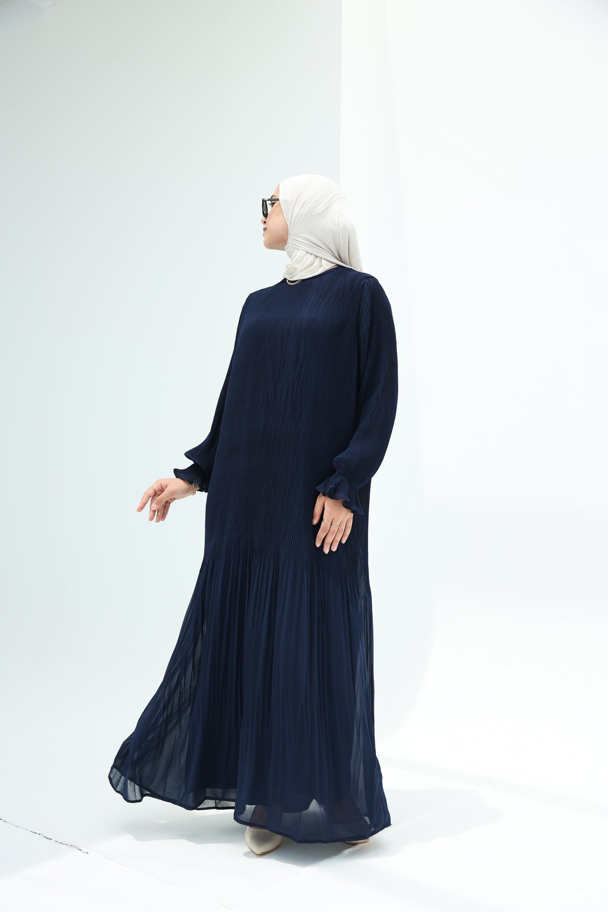 Fully Pleated Dress in Navy
