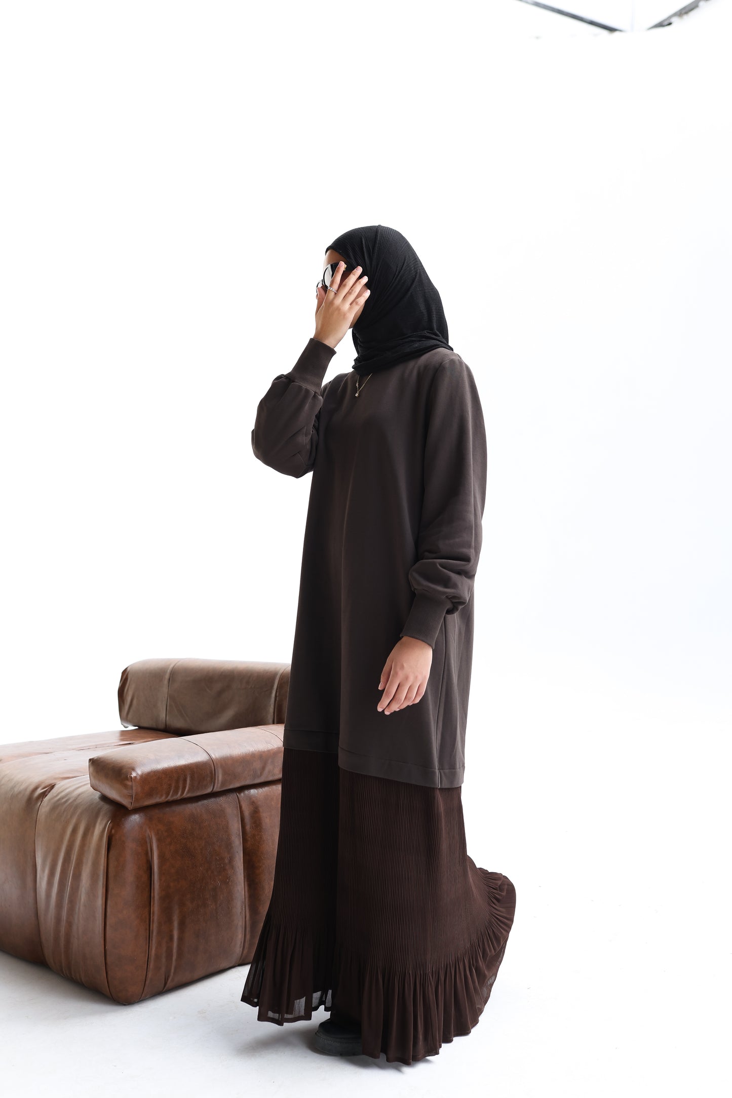 The Pleated Hoodie Dress in Brown