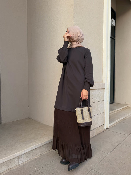 The Pleated Hoodie Dress in Brown
