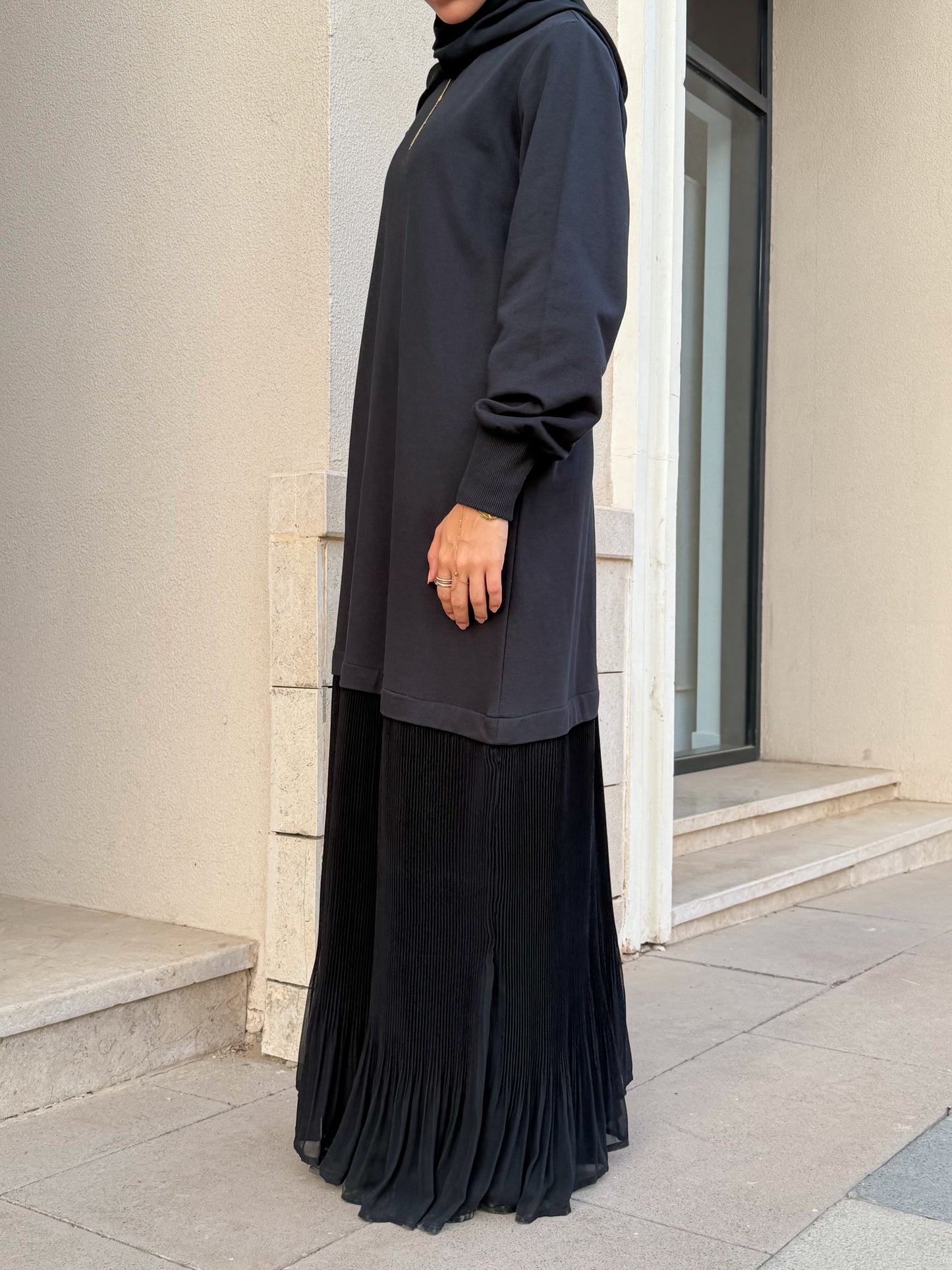 The Pleated Hoodie Dress in Black