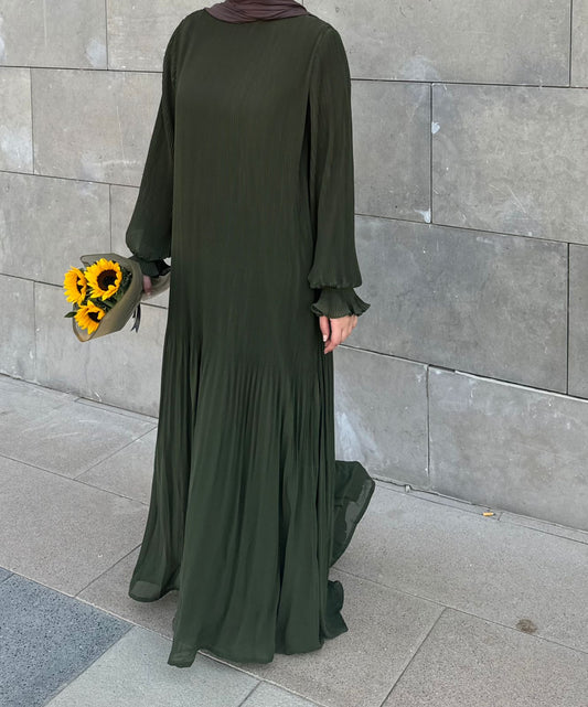 Fully Pleated Dress in Olive